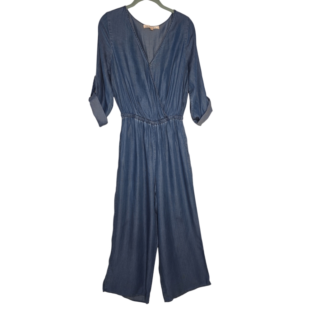 Magnolia Sky Blue Chambray Jumpsuit Size SMALL 3/4 Sleeve Wide Leg